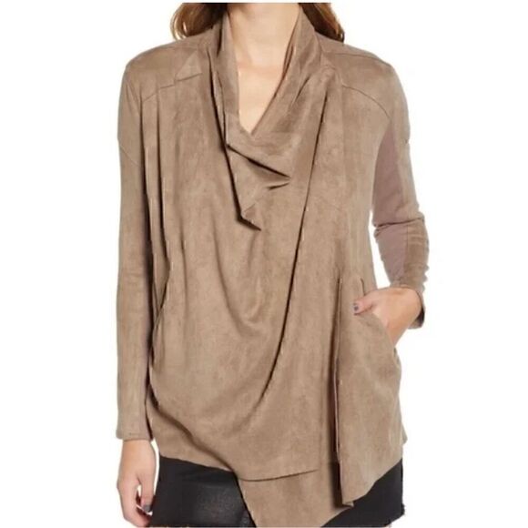 Blank NYC Tan Faux Suede Jacket Womens XS Waterfall Draped Minimalist Urban Luxe - Picture 2 of 10
